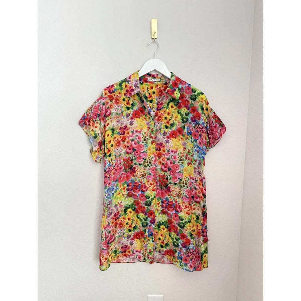 Alice & Olivia‎ Jude Garden Floral Dainty Satin Mini Shirt Button Up Dress Sz S